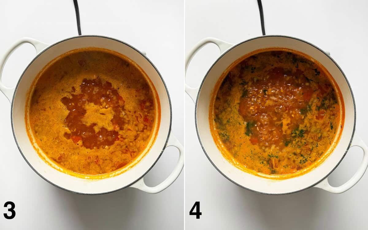 Soup simmering in the pot. Kale stirred into hot soup.