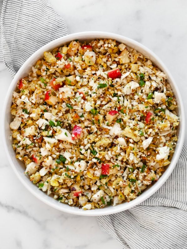 Roasted cauliflower chopped salad in a bowl.