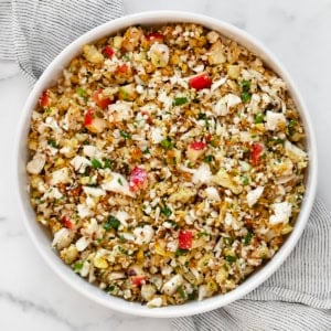 Roasted cauliflower chopped salad in a bowl.