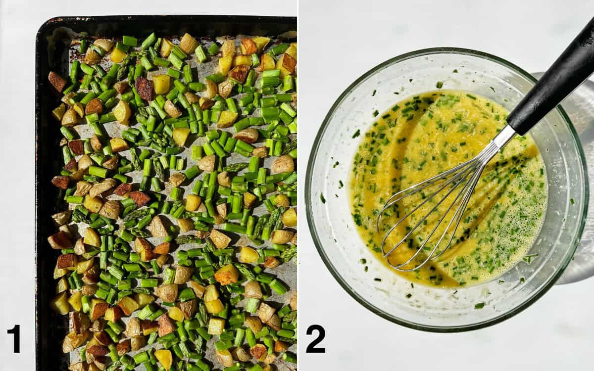 Roasted asparagus and diced potatoes on a sheet pan. Egg mixture whisked in a bowl.