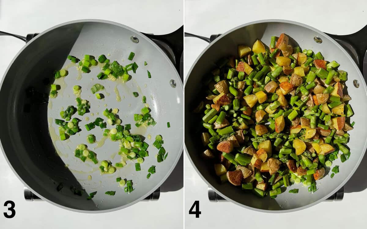 Scallions and garlic sauteing in a skillet. Roasted vegetables spooned into skillet.