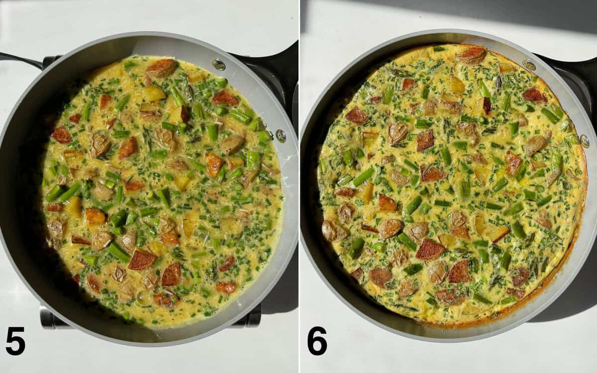 Egg mixture poured in skillet on the stove. The baked frittata in a skillet before cutting it.