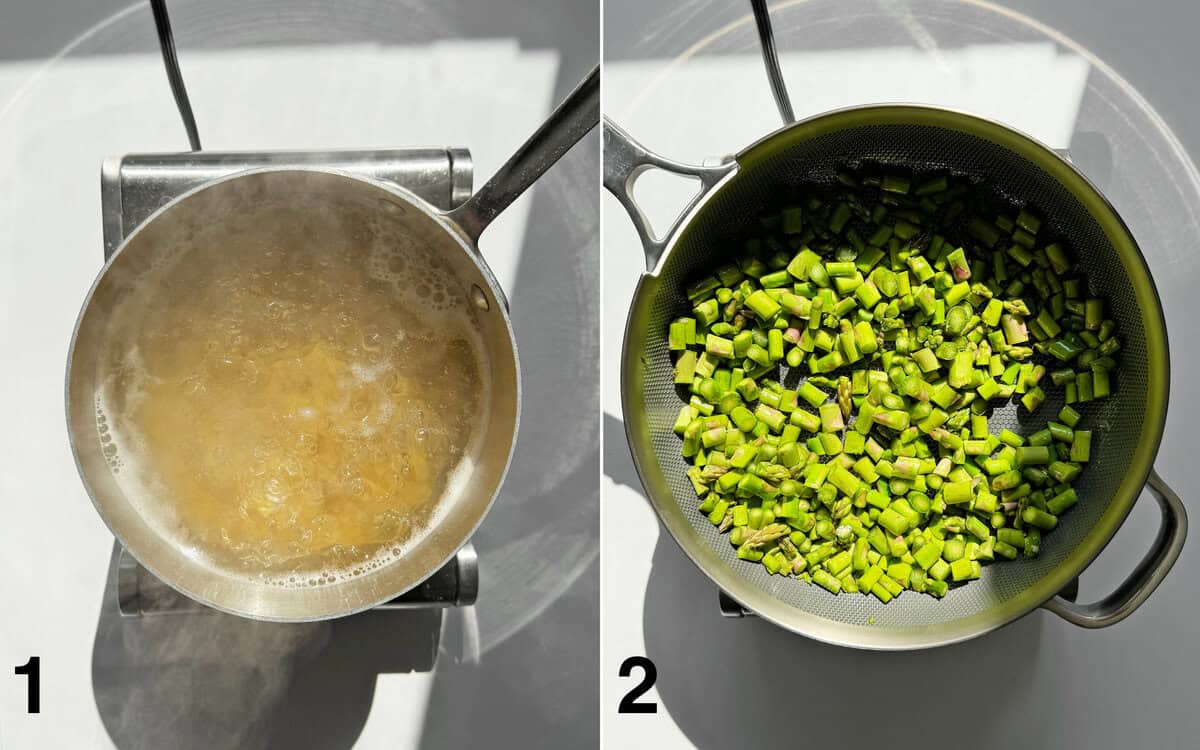 Pasta simmering in a pot. Asparagus sauteing in a skillet.