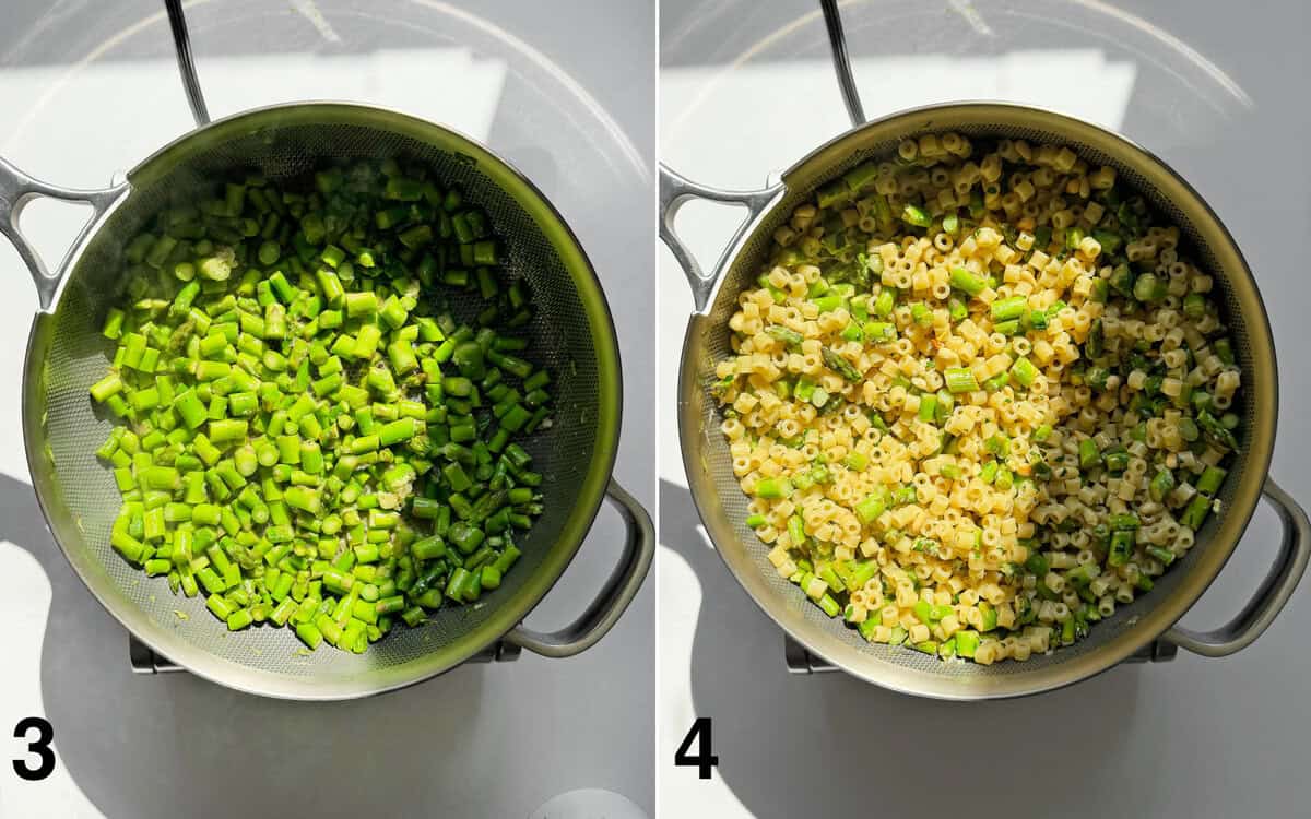 Garlic, lemon juice, salt and pepper stirred into sauteed asparagus. Pasta, parmesan, lemon zest, pine nuts and chopped herbs stirred into sauteed asparagus.