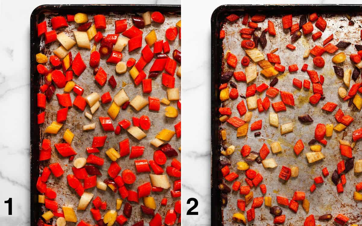 Carrots on a sheet pan before and after they roast.