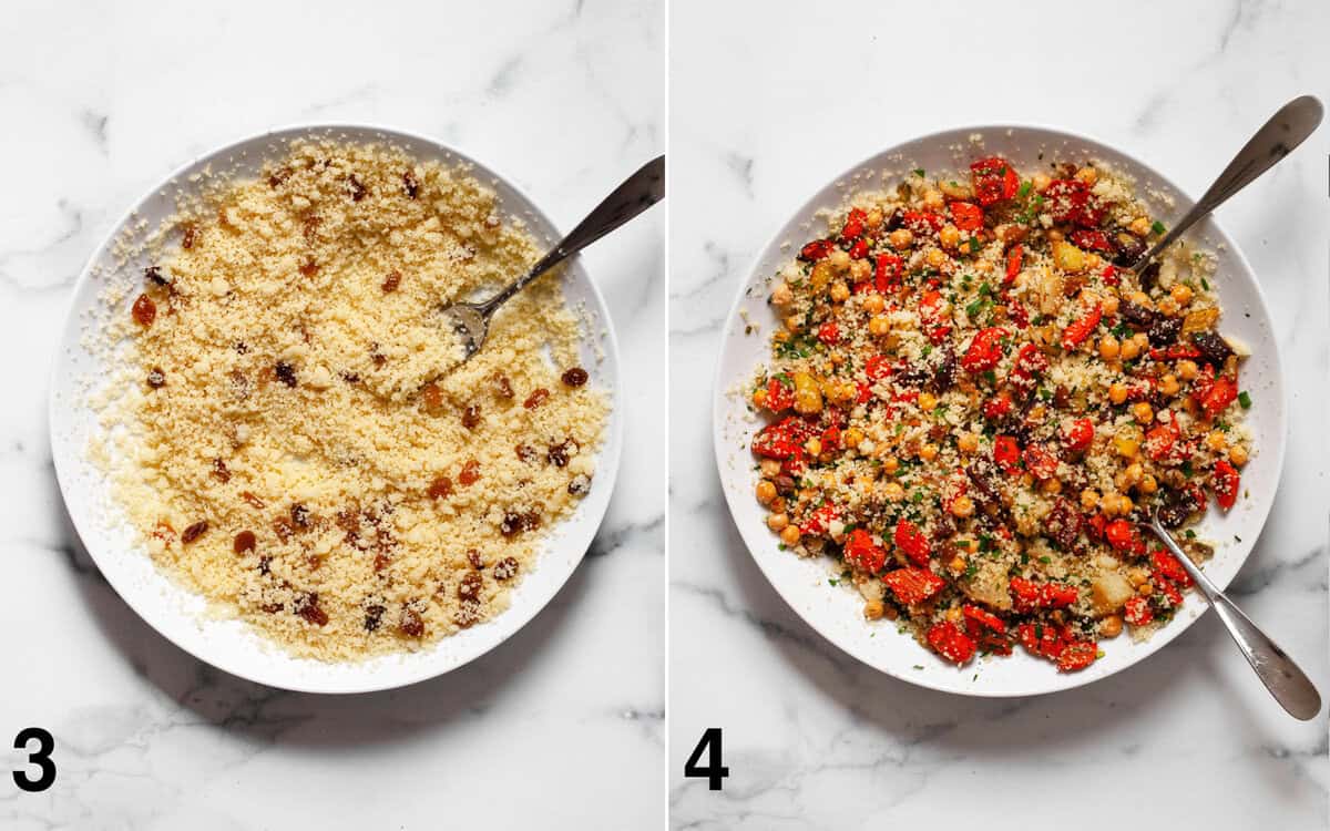 Cooked couscous and raisins in a large bowl. Roasted carrots, pistachios and fresh herbs folded into couscous.