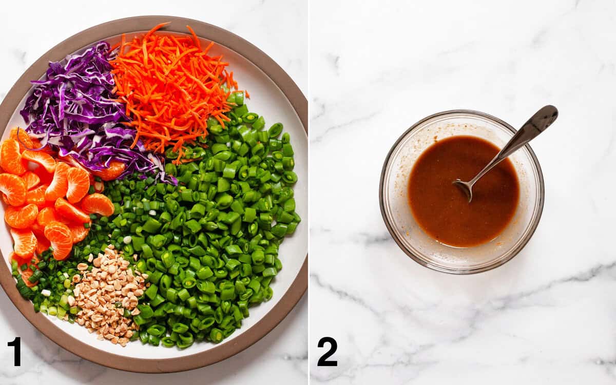 Salad ingredients assembled in a large bowl. Peanut dressing whisked in a small bowl.