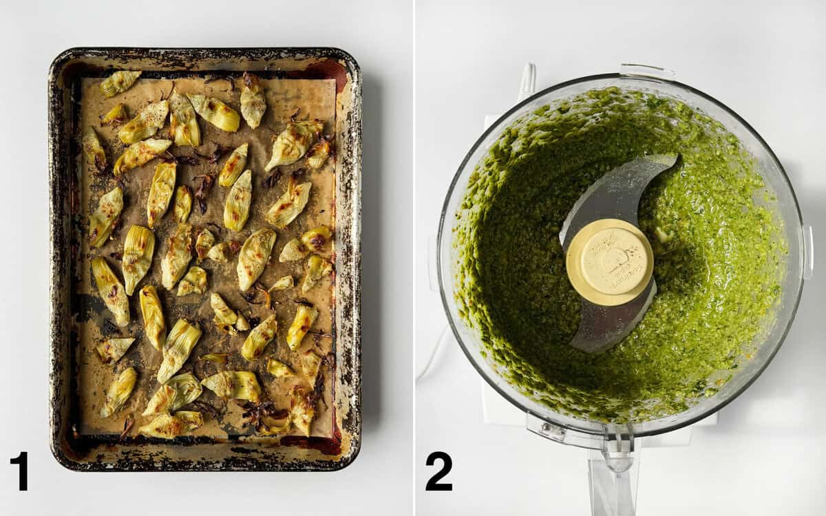 Roasted artichokes on a sheet pan. Spinach pesto in a food processor.