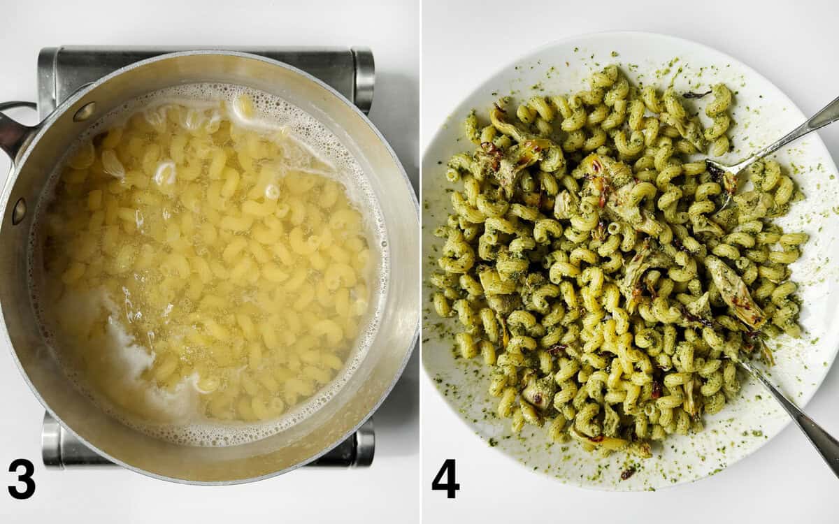 Pasta simmering in a pot. Pesto and roasted artichokes stirred into pasta in a bowl.