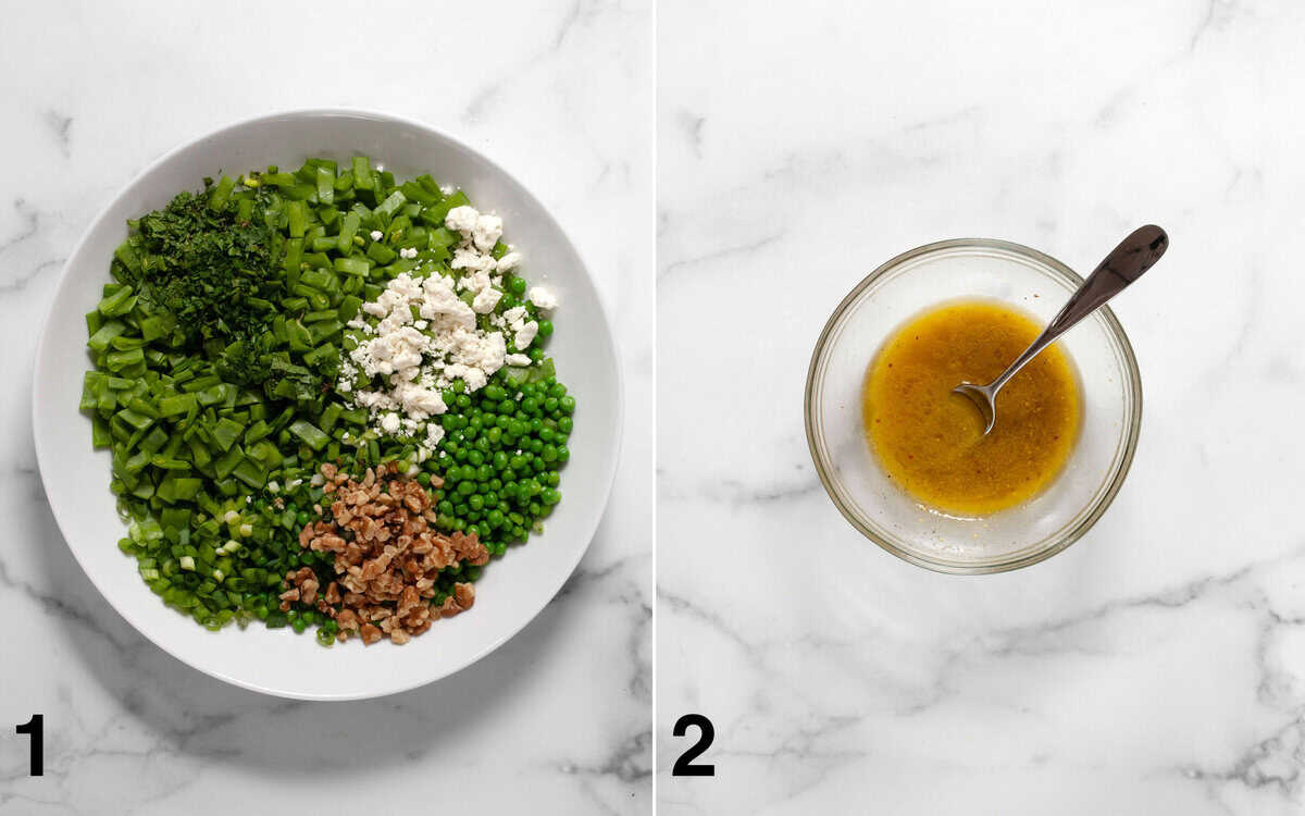 Ingredients for salad assembled in a large bowl. Lemon vinaigrette whisked in a small bowl.