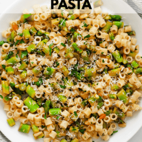 Lemon asparagus pasta on a plate.