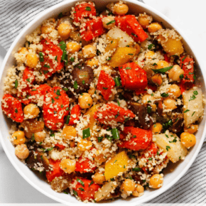 Roasted carrot chickpea couscous in a bowl.