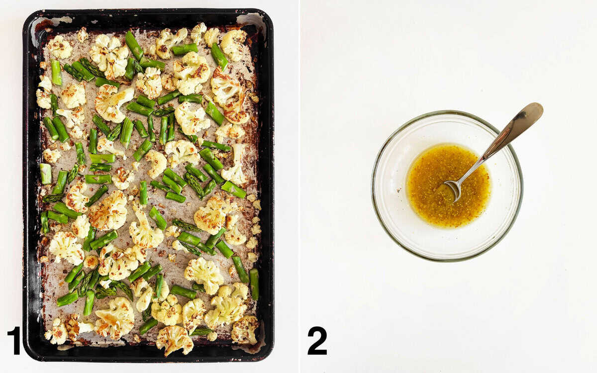Roasted cauliflower and asparagus on a sheet pan. Lemon vinaigrette stirred in a bowl.