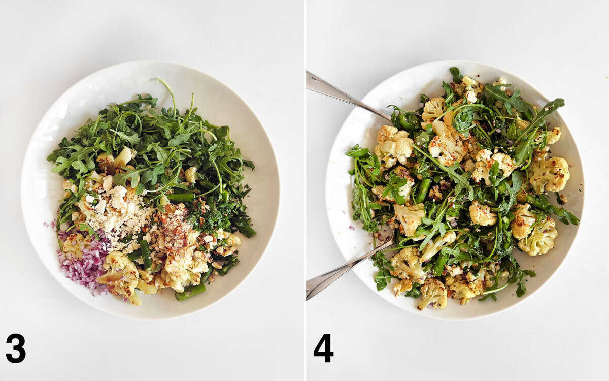 Salad ingredients assembled in a large bowl. Dressing tossed with salad.