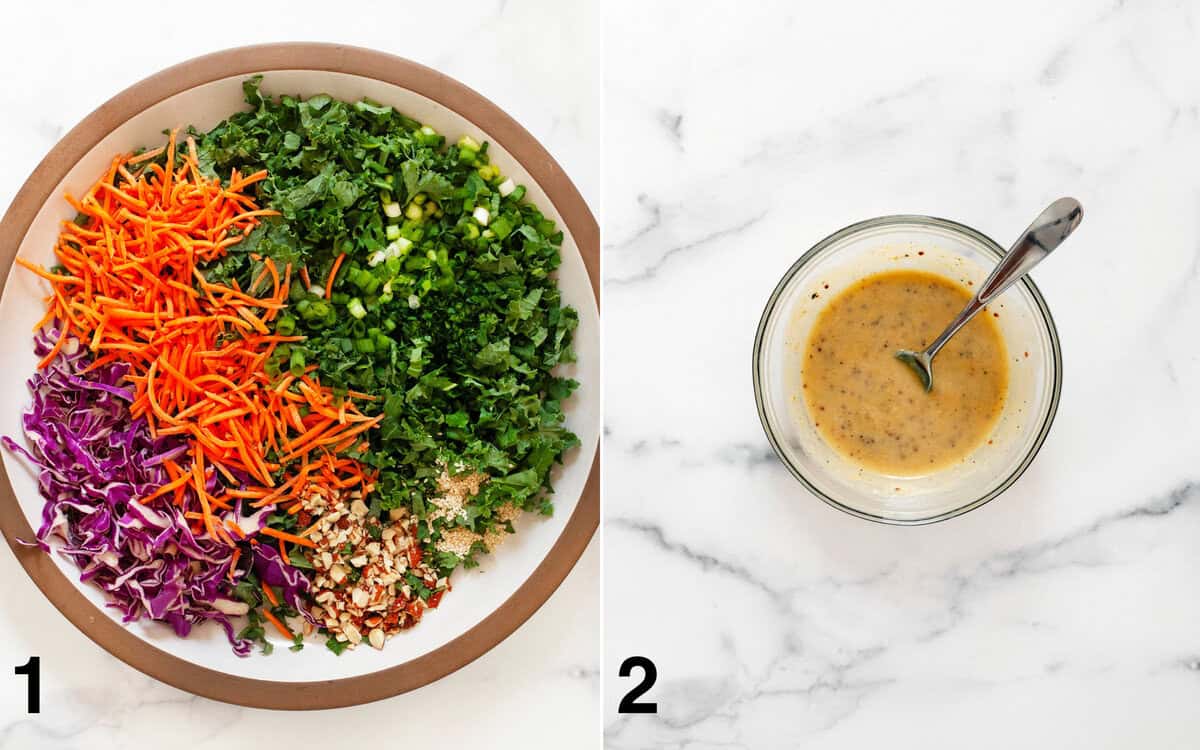 Kale slaw ingredients assembled in a large bowl. Vegan dressing stirred in a small bowl.