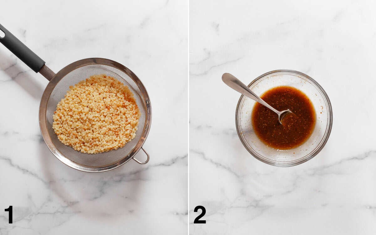 Couscous in a strainer. Balsamic vinaigrette stirred in a small bowl.