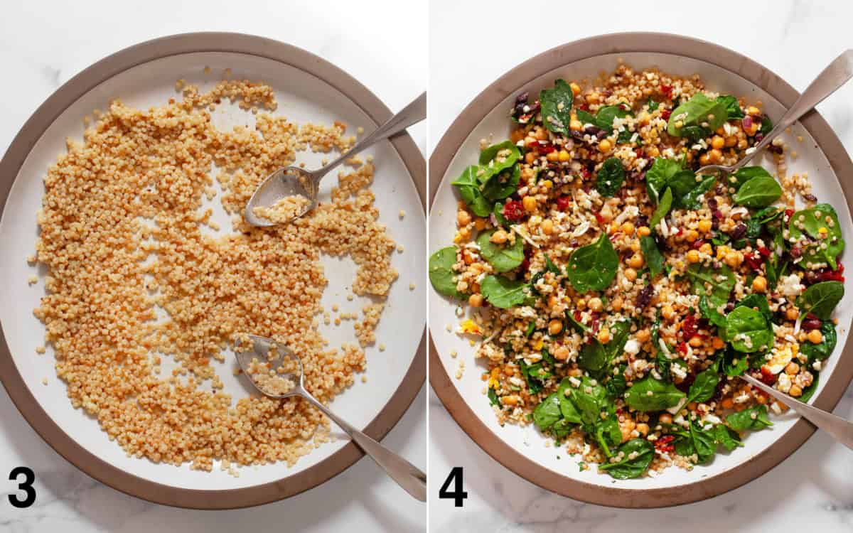 Couscous tossed with dressing in a large bowl. The rest fo the salad ingredients folded into the couscous in a bowl.