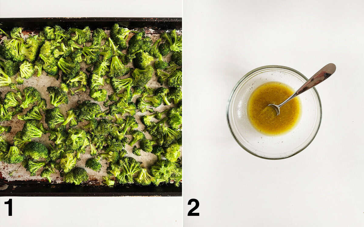 Roasted broccoli on a sheet pan. Lemon vinaigrette whisked in a small bowl.