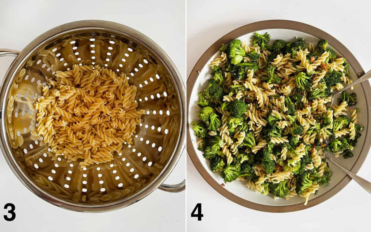 Cooked pasta in a colander. Pasta salad tossed with vinaigrette in a large bowl.