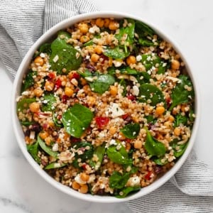 Mediterranean couscous salad in a bowl.