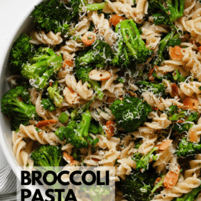 Roasted broccoli pasta salad in a serving bowl.