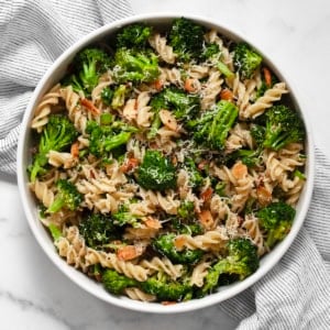 Roasted broccoli pasta salad in a bowl.