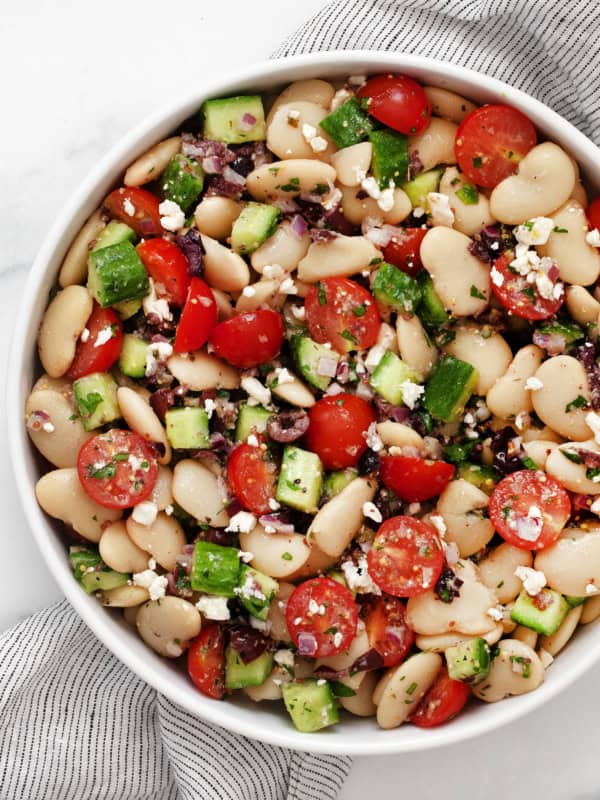 Butter bean salad in a serving bowl.
