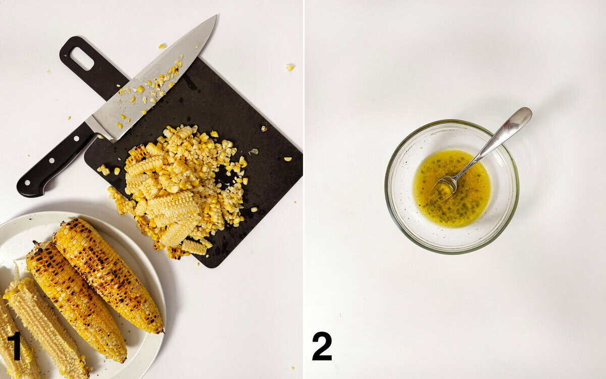 Corn sliced off kernels on a cutting board. Dressing mixed in a small bowl.