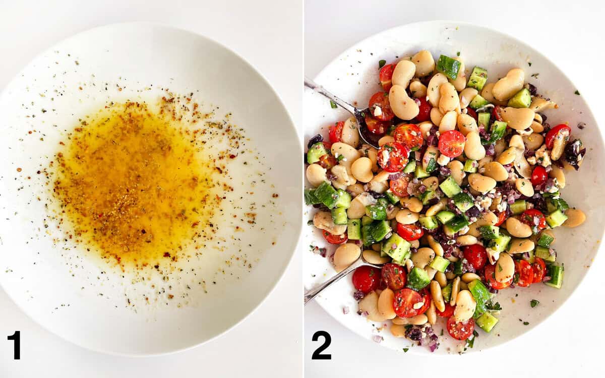 Vinaigrette whisked into a large bowl. Salad ingredients tossed with vinaigrette.
