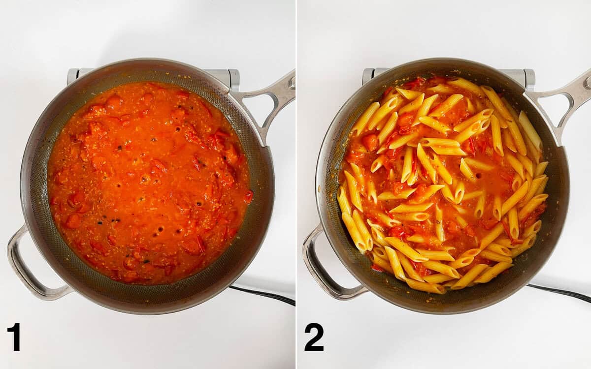 Tomato sauce simmering in a skillet. Pasta stirred into sauce.