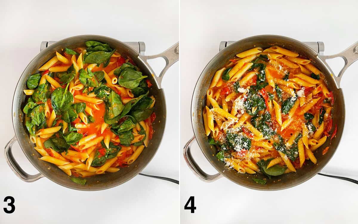 Baby spinach folded into tomato pasta in a skillet. Pasta sprinkled with grated parmesan and fresh herbs.