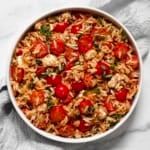 Caprese orzo pasta salad in a bowl.