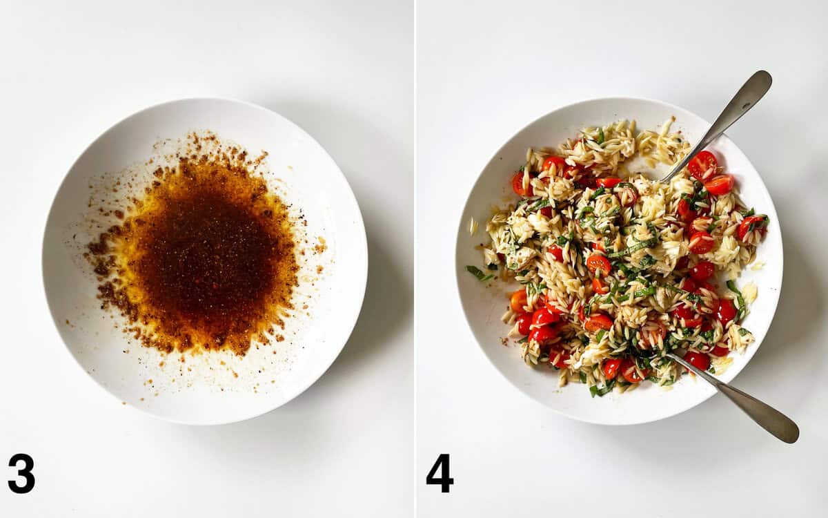 Balsamic vinaigrette stirred in a bowl. Pasta, tomatoes, mozzarella and basil folded into dressing.