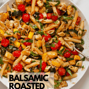 Balsamic roasted vegetable pasta in a large bowl.
