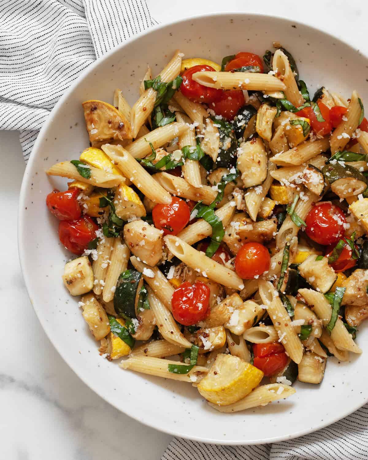 Balsamic roasted vegetable pasta in a bowl.