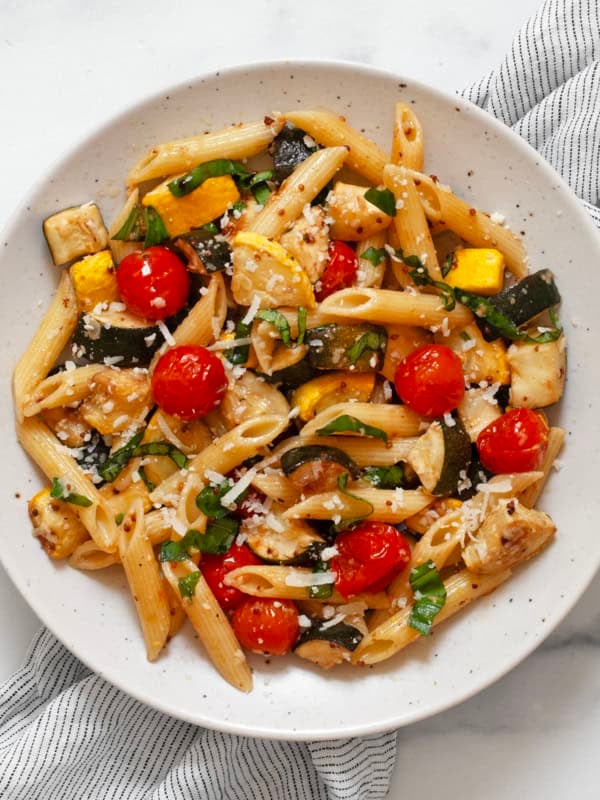 Balsamic roasted vegetable pasta on a plate.