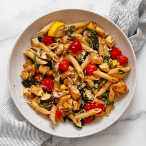 Balsamic roasted vegetable pasta in a bowl.
