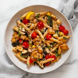 Balsamic roasted vegetable pasta in a bowl.
