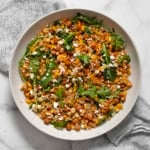 Roasted corn chickpea quinoa salad in a bowl.