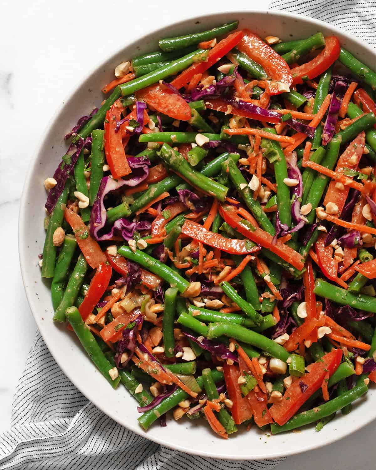 Green bean peanut salad in a bowl.