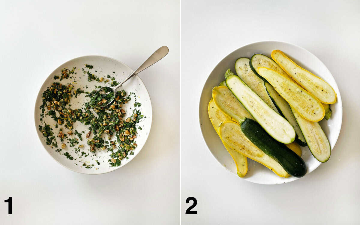 Gremolata stirred together in a bowl. Zucchini and squash tossed with olive oil, salt and pepper in a bowl.