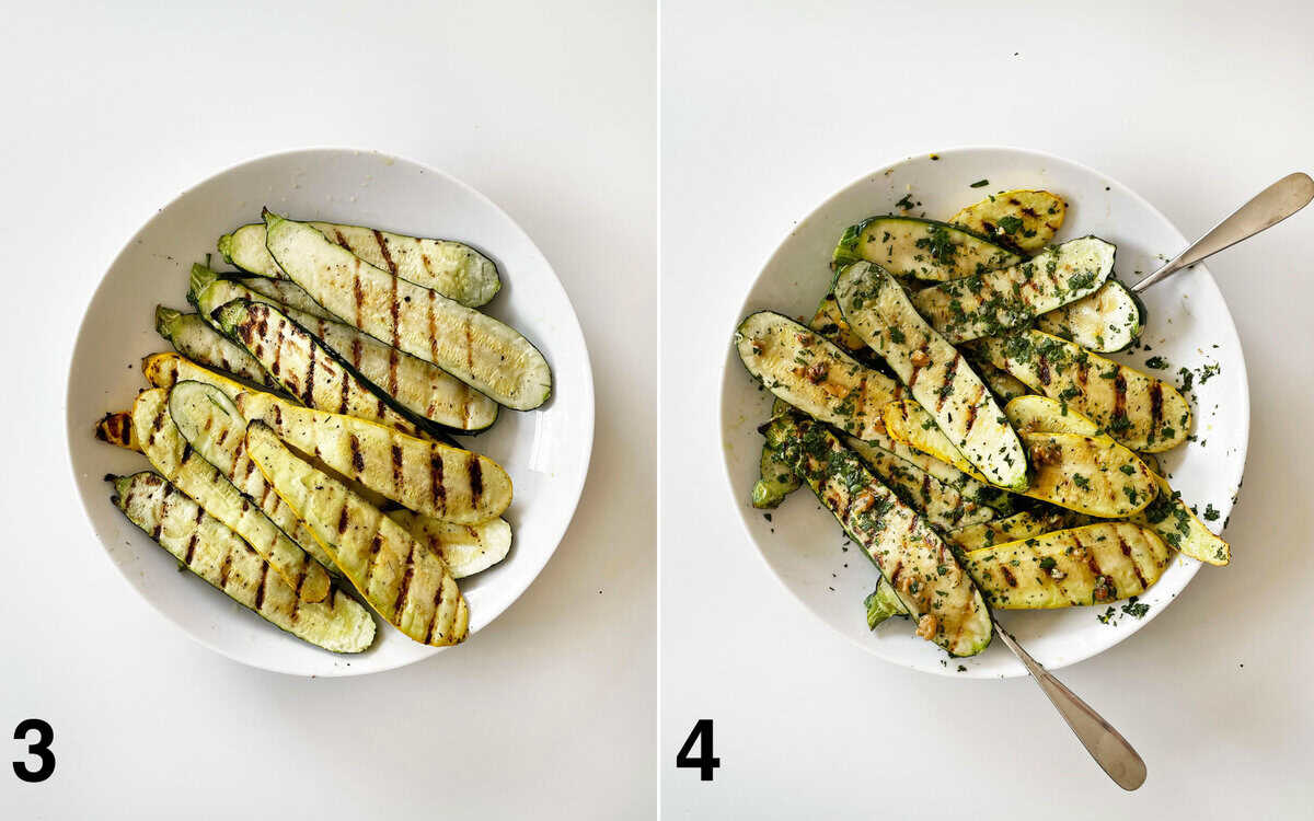 Grilled zucchini and yellow squash in a bowl. Grilled summer squash tossed with gremolata in a bowl.