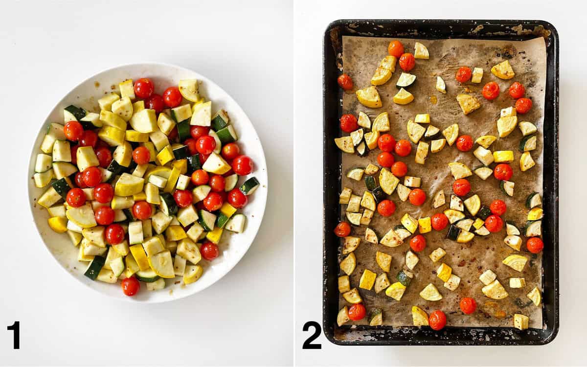 Raw vegetables stirred into dressing in a bowl. Roasted vegetables on a sheet pan.