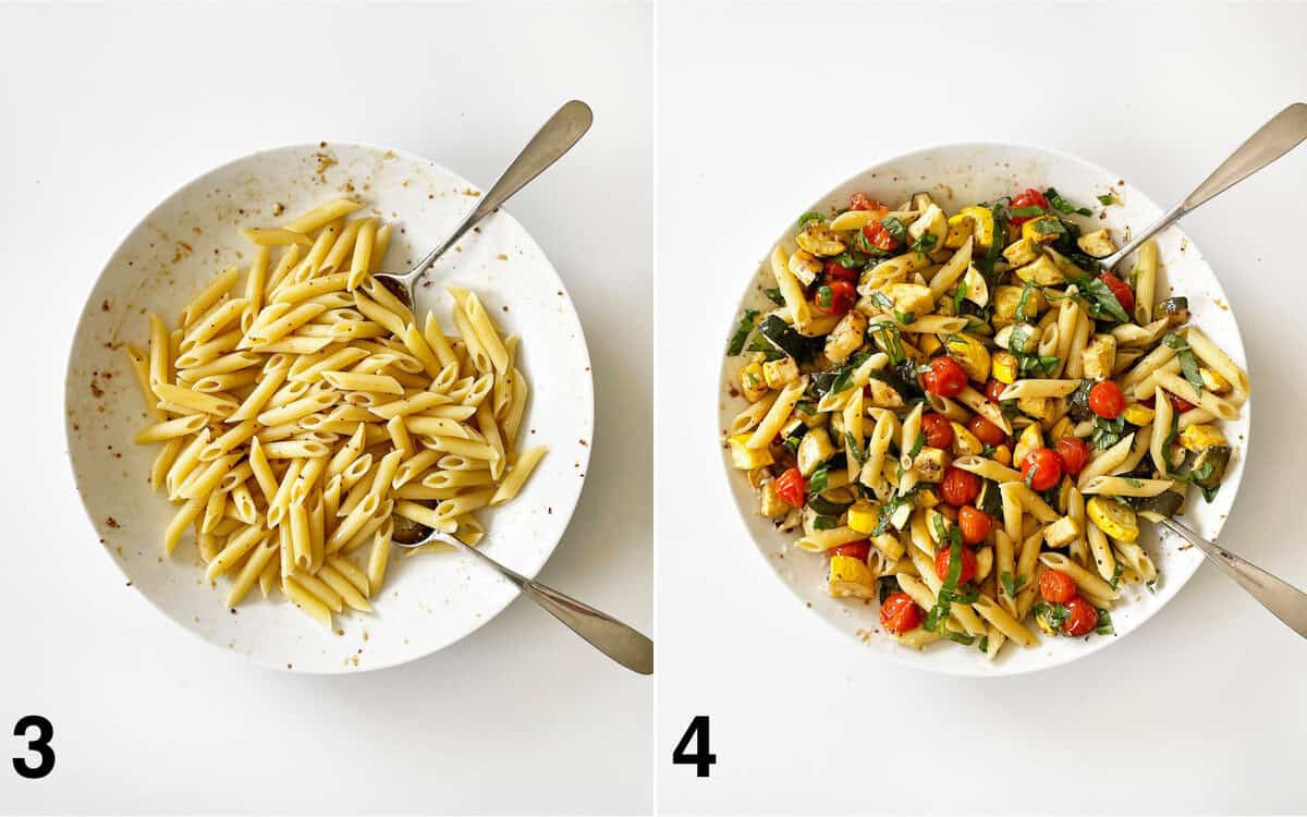 Pasta stirred into leftover marinade in the bowl. Roasted vegetables, parmesan and basil stirred into pasta.