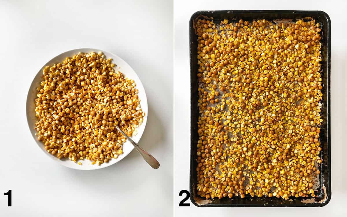 Raw corn and chickpeas stirred with oil and spices in a bowl. Roasted corn and chickpeas on a sheet pan.