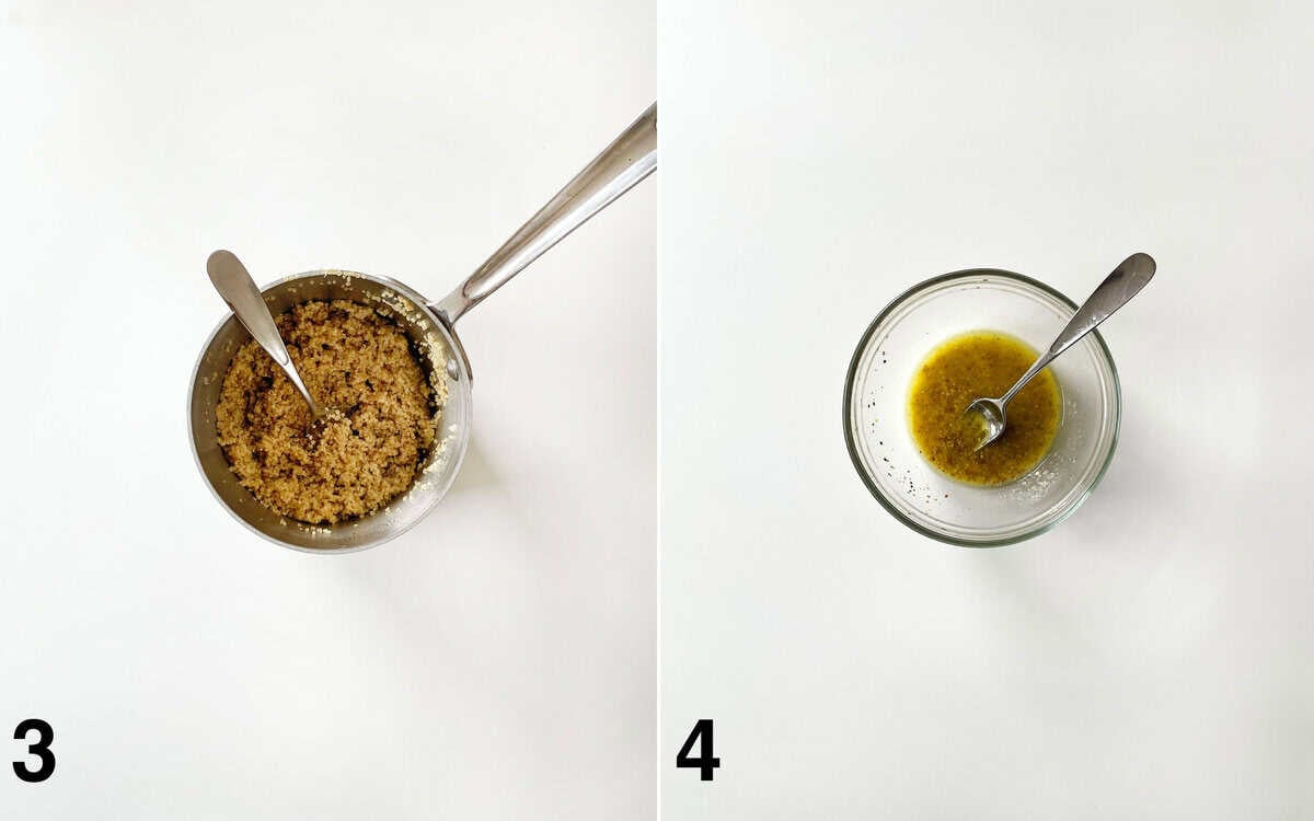 Quinoa in a small pot. Salad dressing whisked in a small bowl.