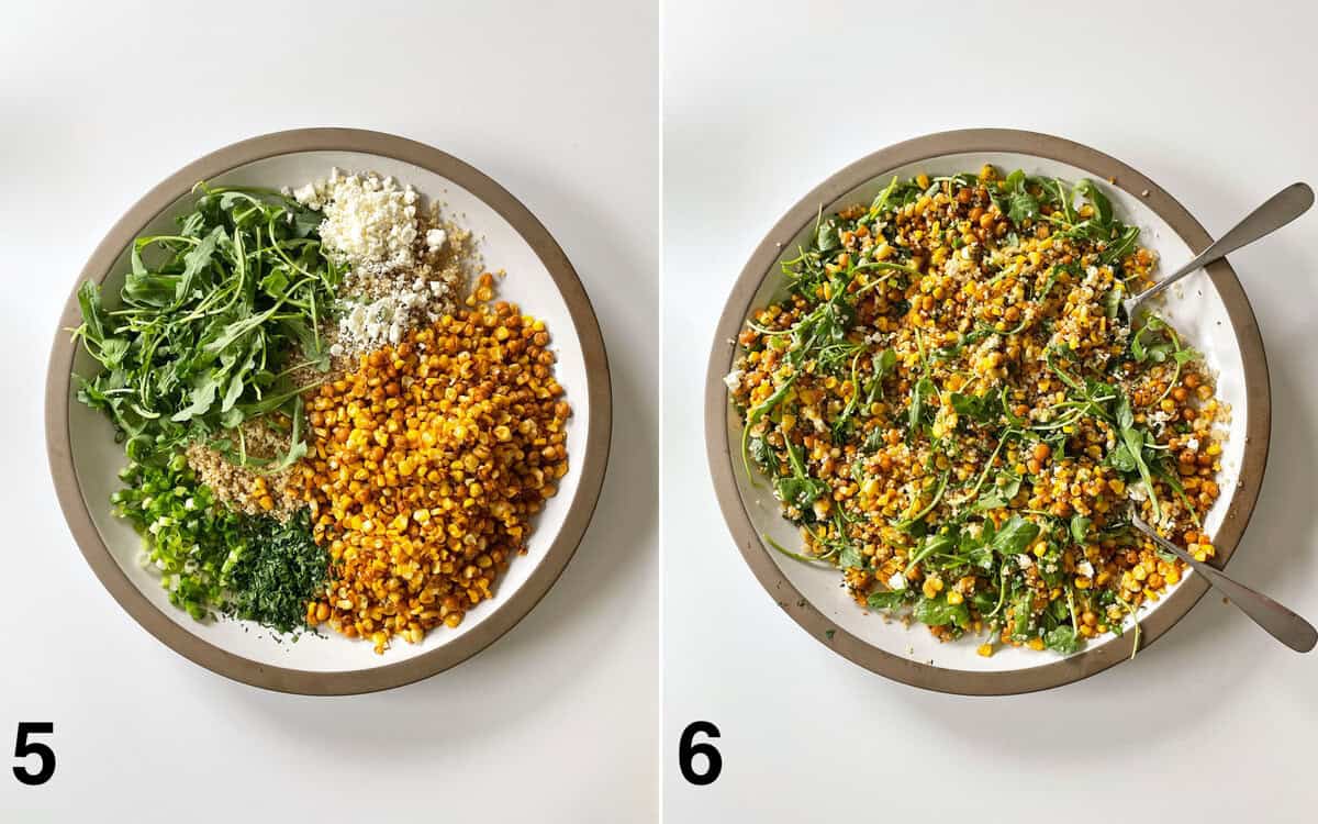 Salad ingredients assembled in a bowl. Salad tossed with vinaigrette.