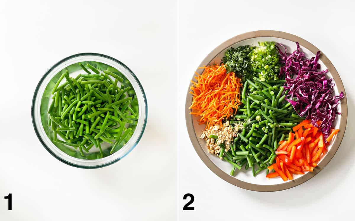 Blanched green beans in a bowl of ice water. Salad ingredients assembled in a large bowl.