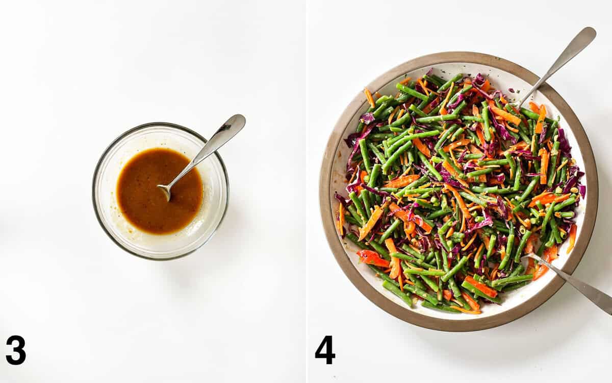 Peanut ginger dressing in a small bowl. Salad ingredients tossed with dressing in a large bowl.
