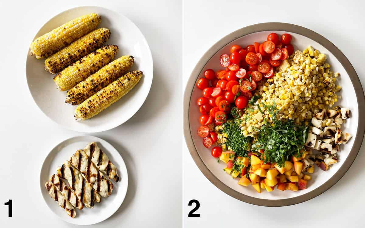 Grilled halloumi and grilled corn on individual plates. Salad ingredients assembled in a large bowl.